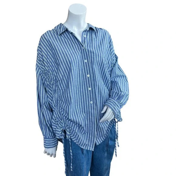 Anthropologie Pilcro Reworked Ruched Blue Pin Striped Button Down Shirt Medium - Picture 7 of 11